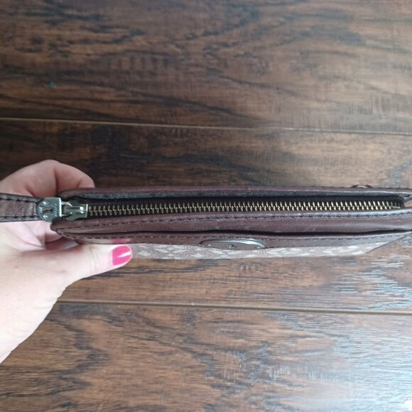 Fossil Wallet Womens Brown Leather Canvas Geometric Zip ID Card Coin - Picture 2 of 10